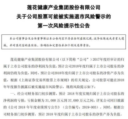 蓮花健康2018年預虧超3億 可能被實施退市風險警示